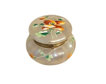 Antike viktorianische Puff Box Boho Glas klappbare Puff Powder Box Verre de Soie Emaille Mohnblumen Vanity Boudoir Schatulle Patch