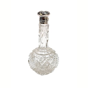 Antique Cut Crystal Scent Perfume Bottle Sterling Repousse Flip Cap Victorian Edwardian