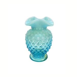 Antique Fenton Blue Opalescent Miniature Hobnail Bud Vase #3855 Tri Cornered
