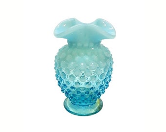 Antique Fenton Blue Opalescent Miniature Hobnail Bud Vase #3855 Tri Cornered