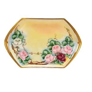 Antique MZ Austria Vanity Tray Hand Painted Victorian Signed E. Ten Eyck 1913 Pink Roses Shabby Vintage Boudoir