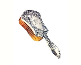 Antique Gorham Sterling Silver Hair Brush Art Nouveau Floral Repousse Victorian Edwardian