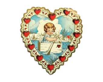 Antique Victorian Valentine Card Heart Shape Embossed Paper Romantic Single Fold Whitney