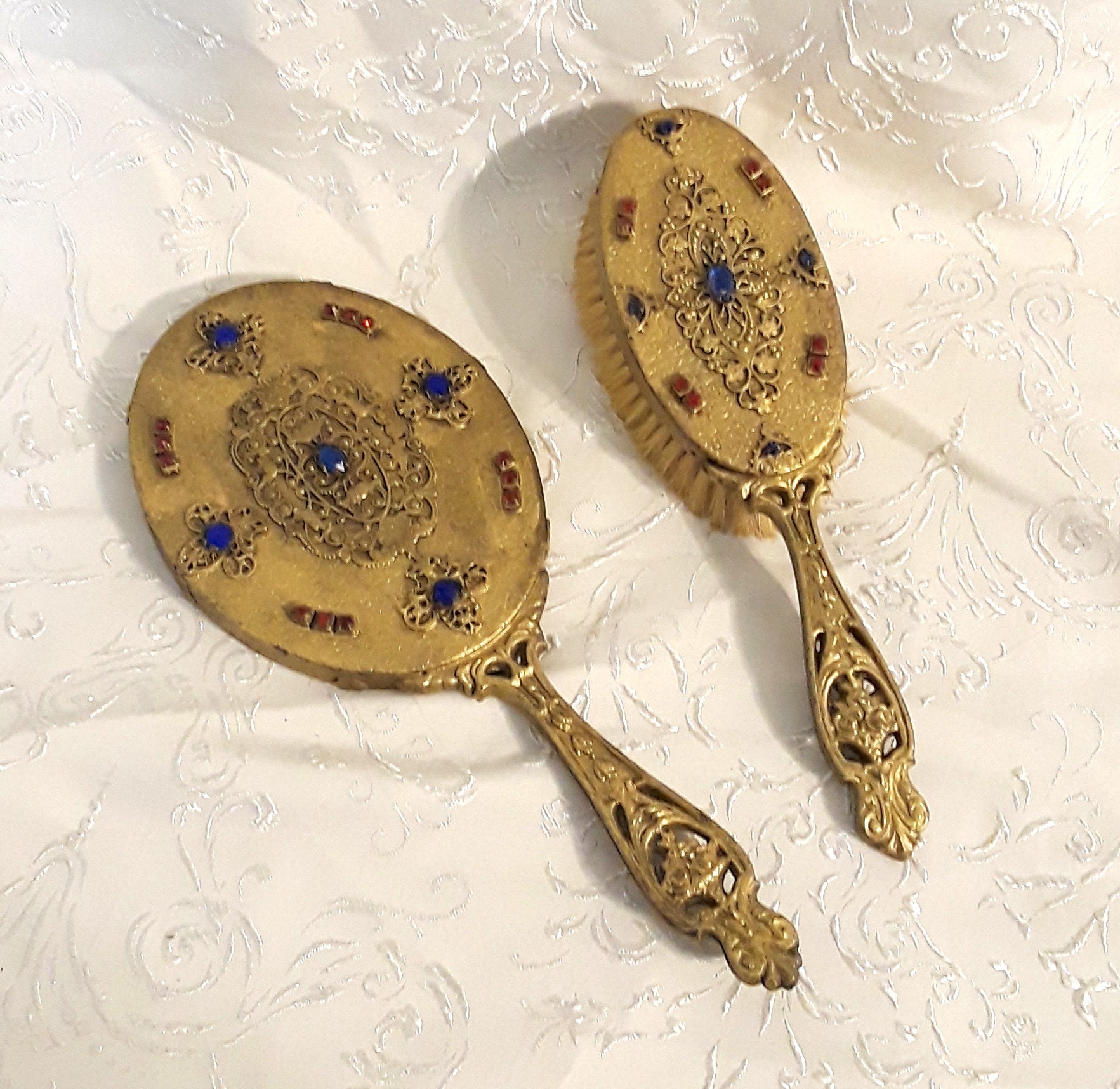 Antique Jeweled Vanity Set E & JB Empire Art Hand Mirror and