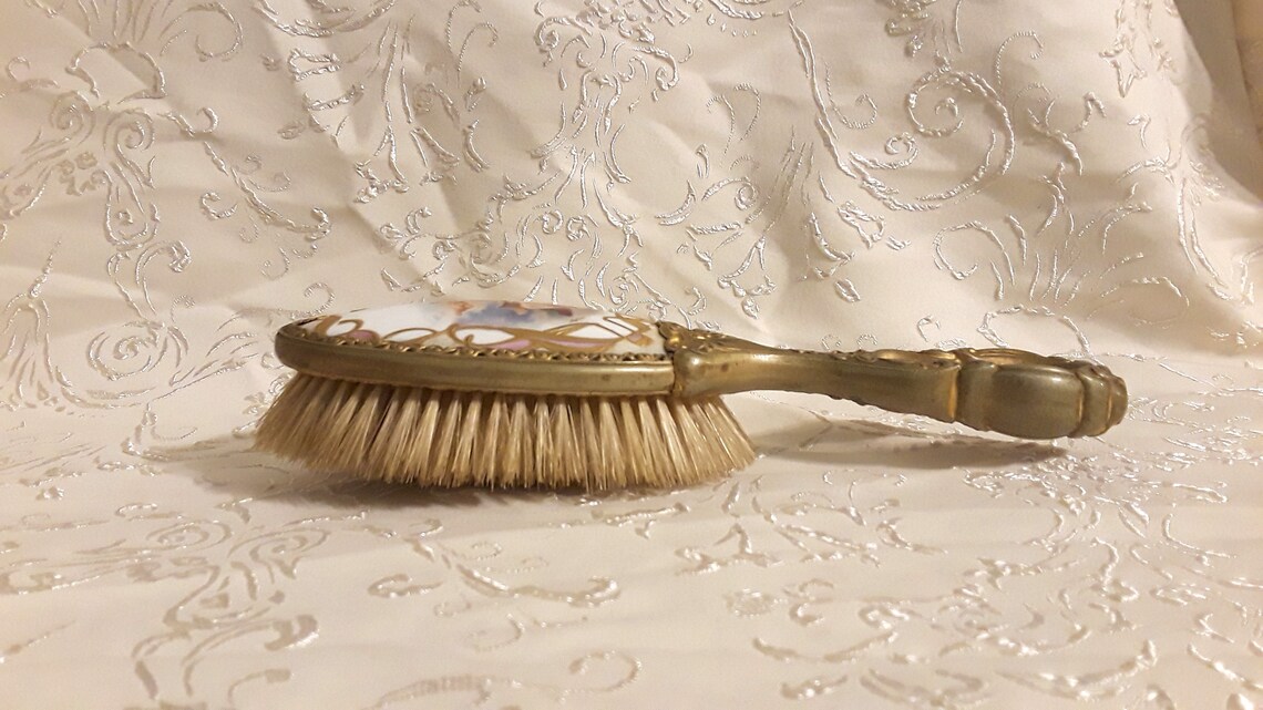 Antique Victorian Porcelain Hair Brush 8.5 Art Nouveau Aglaia Cupid