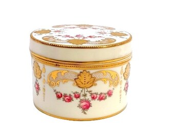 Antique Cauldon England Trinket Box Powder Jar Hand Painted Victorian Vintage Pink Roses Vanity Shabby Cottage Boudoir