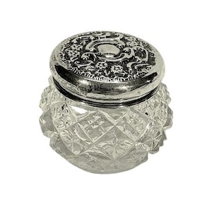 Tarro antiguo de ungüento Rouge pequeño, estilo victoriano, repujado, de plata esterlina británica, con tapa de cristal, estilo vintage, para tocador y cosméticos