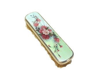 Cepillo de ropa antiguo con esmalte guilloché, rosas rosas en plata de ley 935