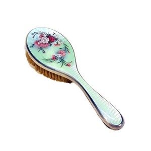 Antique Guilloche Enamel Hair Brush 1920s Mint Green Pink Roses 935 Sterling Silver Shabby Boudoir