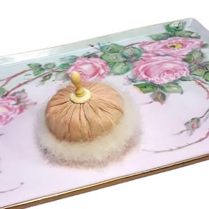 Antique Victorian Powder Puff Swansdown Feather 3&quot; Pink Silk Cygne Houppe Bone Handle French Houppette Duvet Cygne
