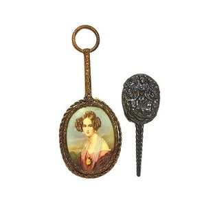 Pair Antique Victorian 1920s Hand Mirrors Brass with Litho Portrait and Gunmetal Cherubs Vintage Vanity Boudoir