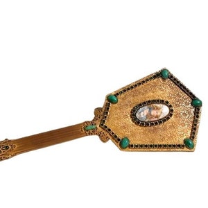Antique Jeweled Hand Mirror Green Jewels 1920s Ormolu Filigree Vintage Vanity Art Deco Boudoir