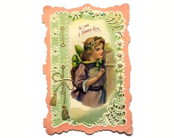 Antique Victorian Valentine Card Embossed Paper Romantic Single Fold