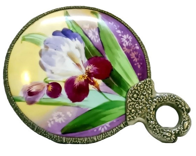 Antique Victorian Hand Mirror Hand Painted Porcelain Rosenthal or Limoges Ring Handle Vintage Vanity Boudoir image 2