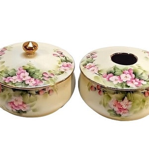 Antique Hand Painted Porcelain Powder Box Jar Hair Receiver Set ...