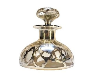 Antique Victorian Alvin Sterling Silver Overlay Glass Perfume Art Nouveau Scent Bottle Large Heavy