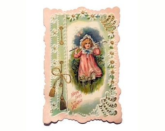Antique Victorian Valentine Card Embossed Paper Romantic Single Fold
