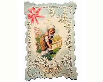 Antique Victorian Valentine Card Embossed Paper Romantic Single Fold