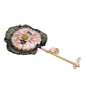 Antique 1920s Powder Puff Patter Pink Silk Long Handle Wand Houpette Vintage Vanity Black Lace Flapper Ribbonwork