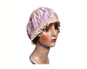 Antique 1920s Boudoir Cap Lavender Silk Crochet Lace Mob Cap Sleep Hat Vintage Flapper