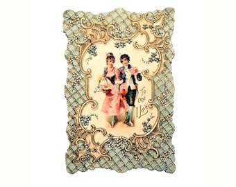 Antique Victorian Valentine Card Embossed Paper Romantic Single Fold