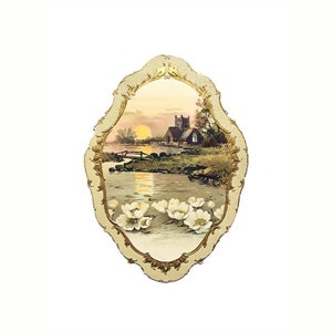 Antike viktorianische sterben geschnittene Schrottkarte Chromolithograph See-Szenen-Haus-Brücken-Morgendämmerungs-Abend-Bäume-Blumen