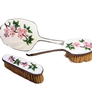 Antique Guilloche Enamel Dresser Set Vintage Vanity Set 1920s Hand Painted Floral White Victorian Shabby Cottage Boudoir