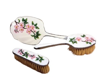 Antique Guilloche Enamel Vanity Set, 1920s Floral Dresser Set