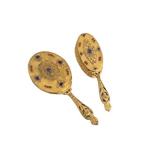 Antique Jeweled Vanity Set  E & JB Empire Art Hand Mirror and Brush Set Art Deco 1920s Red Blue Jewels Ormolu Filigree Vintage Boudoir