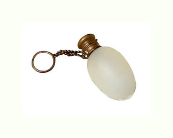 Antique Victorian Scent Bottle 1870s Camphor Satin Glass Egg Flip Top Chatelaine Chain Finger Ring Perfume Bottle