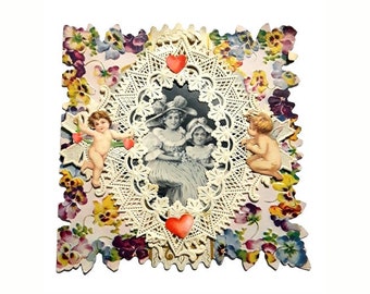Antique Victorian Valentine Card Pansies Scrap Die Cuts Paper Lace Cherubs Black and White