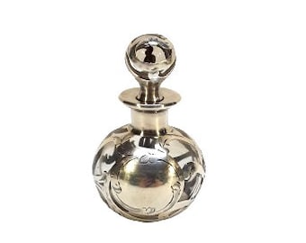 Antique Victorian Alvin Sterling Silver Overlay Glass Perfume Art Nouveau Scent Bottle Round Shape