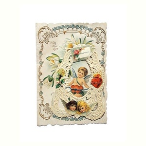 Antigo cartão vitoriano de dia dos namorados, recortes de papel, renda, flores brancas românticas