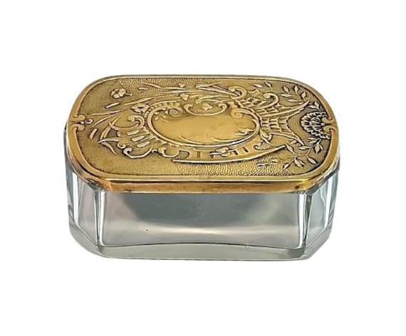Antique WMF Crystal Vanity Jar, Rococo Brass Lid, Victorian Trinket Box