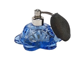 Antique Czech Perfume Atomizer Bottle Blue Cut Crystal Art Deco Chrome Hardware 1920s Vintage