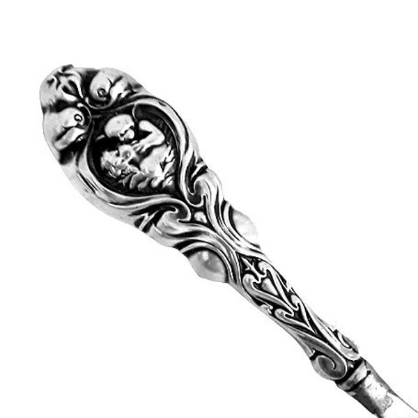 Antique Unger Bros Loves Dream Shoe Horn Sterling Silver Victorian Art Nouveau Cherub Kissing Woman Vintage Vanity Accessory