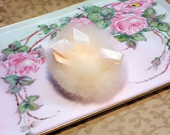 Antique Victorian Powder Puff Swansdown Pastel Peach Feather 3" Silk Cygne Houppe Ribbon Handle French Houppette Duvet Cygne
