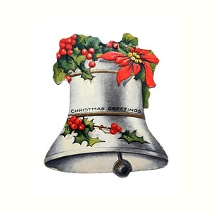 Antica cartolina di Natale vittoriana fustellata con cromolitografia, campana, stella di Natale, agrifoglio