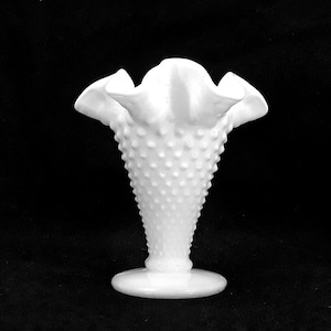 Antique Fenton White Milk Glass Hobnail Small Trumpet Vase 4" Tall Double Crimped