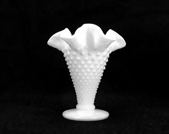 Antique Fenton White Milk Glass Hobnail Small Trumpet Vase 4" Tall Double Crimped