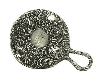 Antique Victorian Hand Mirror Silver Plate Ornate Repousse Ring Handle Vintage Vanity Boudoir