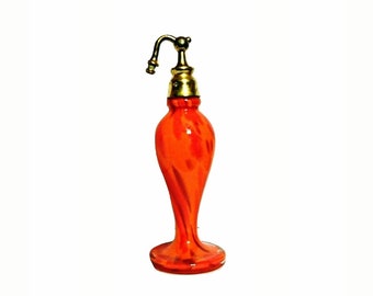 Antique Perfume Atomizer 1920s Art Deco Czech Tango Orange Splatter Swirl Art Glass Vintage Spray