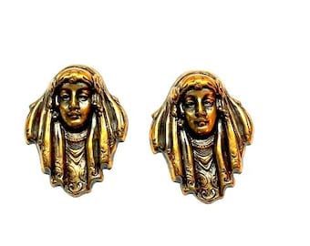 Vintage Brass Stamping Pair: Art Deco Egyptian Revival Face Finding