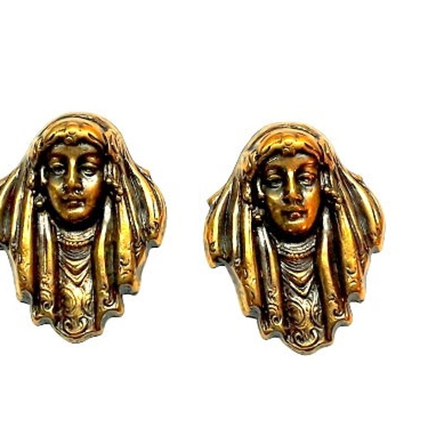 Vintage Brass Jewelry Finding Stamping Figural Face Gypsy Egyptian Revival Art Nouveau Art Deco Victorian 1920s