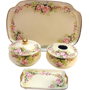 Antique Hand Painted Porcelain Powder Box Jar Hair Receiver Set ...
