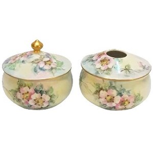 Antique Hair Receiver Powder Trinket Box Set Hand Painted Roses Victorian Vintage Vanity Shabby Cottage Boudoir