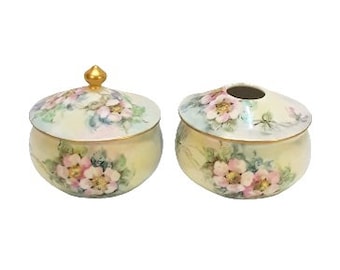 Antique Hair Receiver Powder Trinket Box Set Hand Painted Roses Victorian Vintage Vanity Shabby Cottage Boudoir