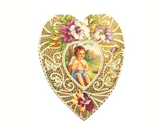 Antique Victorian Valentine Card Heart Shape Embossed Paper Romantic Single Fold