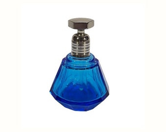 Antique Volupte Perfume Dauber Bottle Blue Cut Crystal Art Deco Chrome Hardware 1920s Vintage