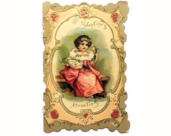 Antique Victorian Valentine Card Embossed Paper Romantic Single Fold